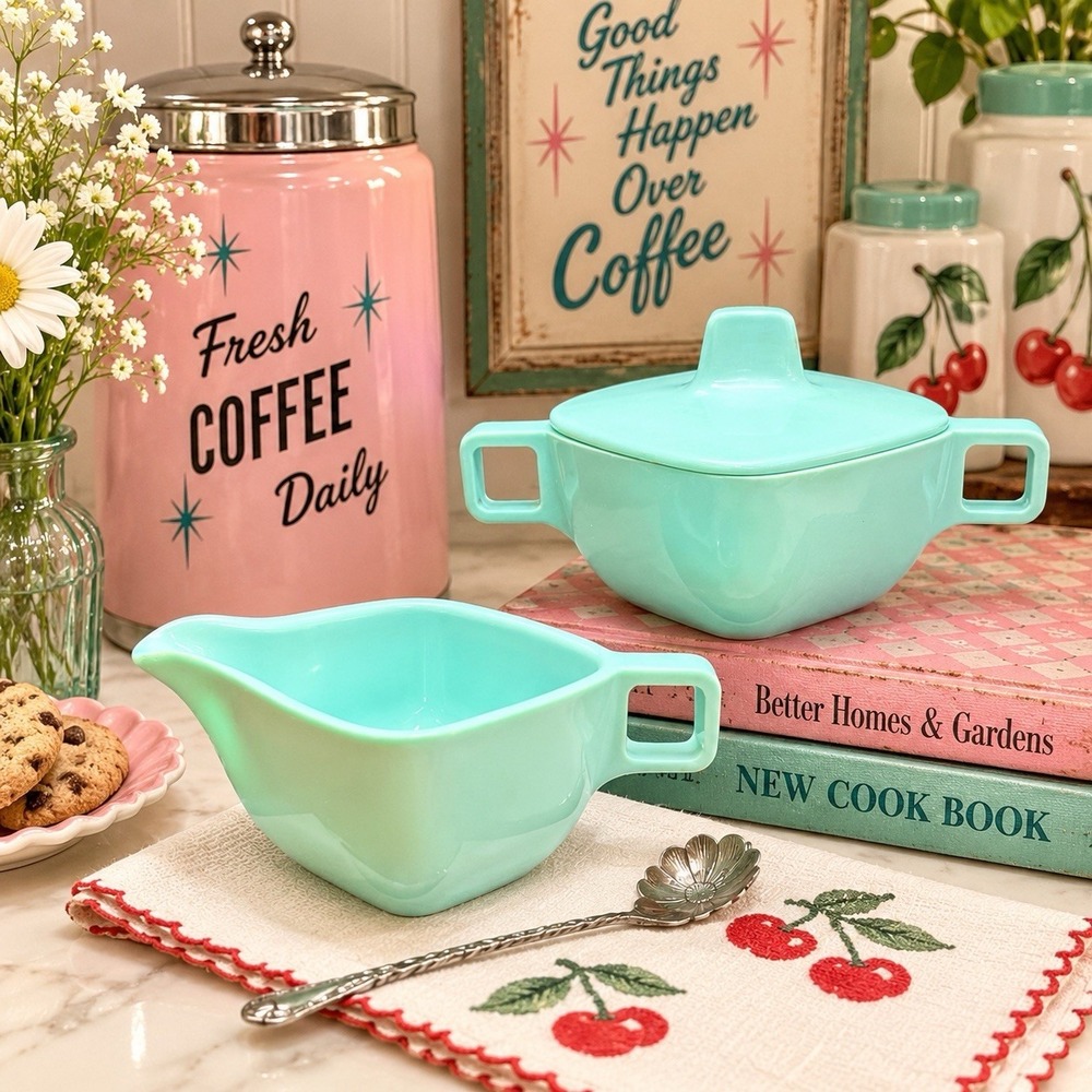 Vintage Brookpark Aqua Melamine Creamer Sugar Bowl Set MCM 1950s Retro Kitchen
